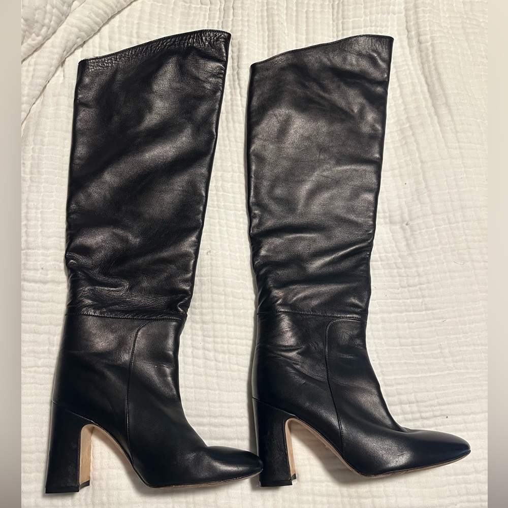 Stuart Weitzman Lucinda Black Leather Fold Over Knee High Boots size 9